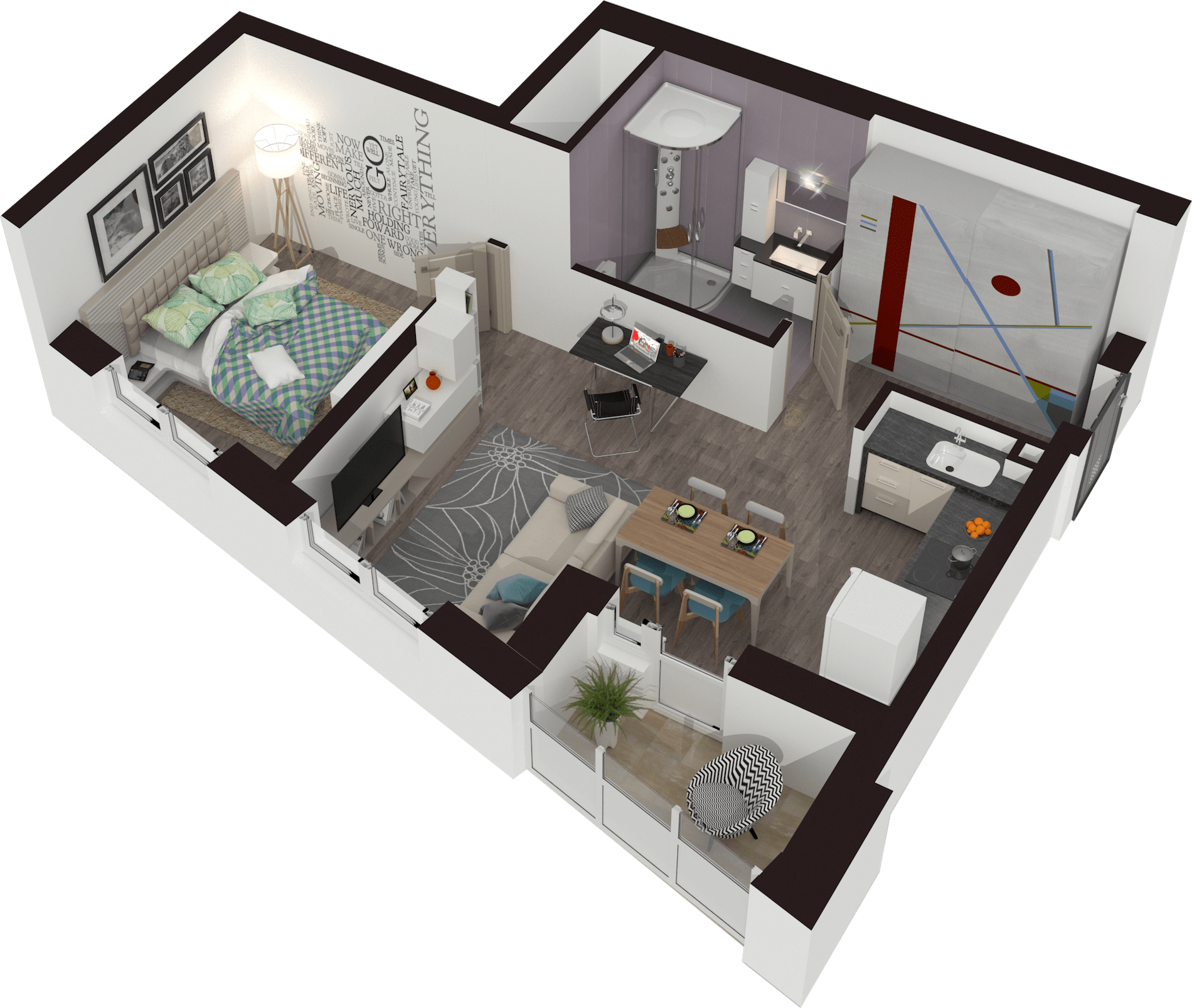 Визуализация планировки квартиры в 3D. Вид сверху. Вебмотор